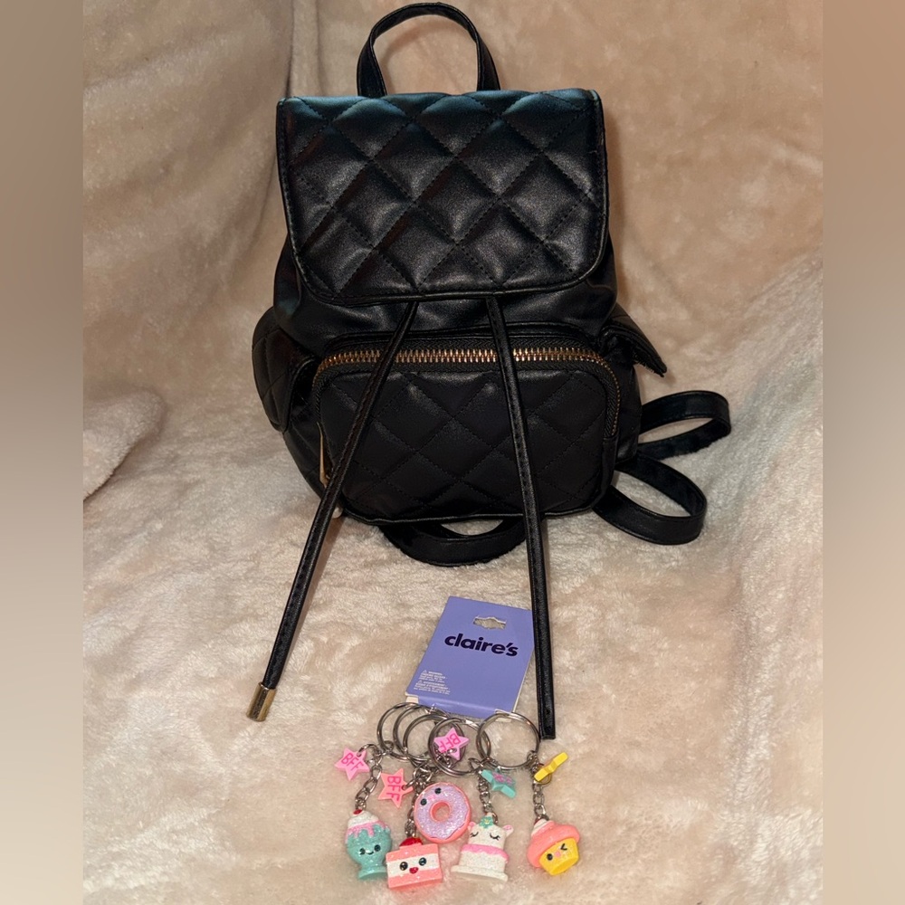 Bundle Claire's Black Quilted Mini Backpack w BFF Glitter Food Keychains Set